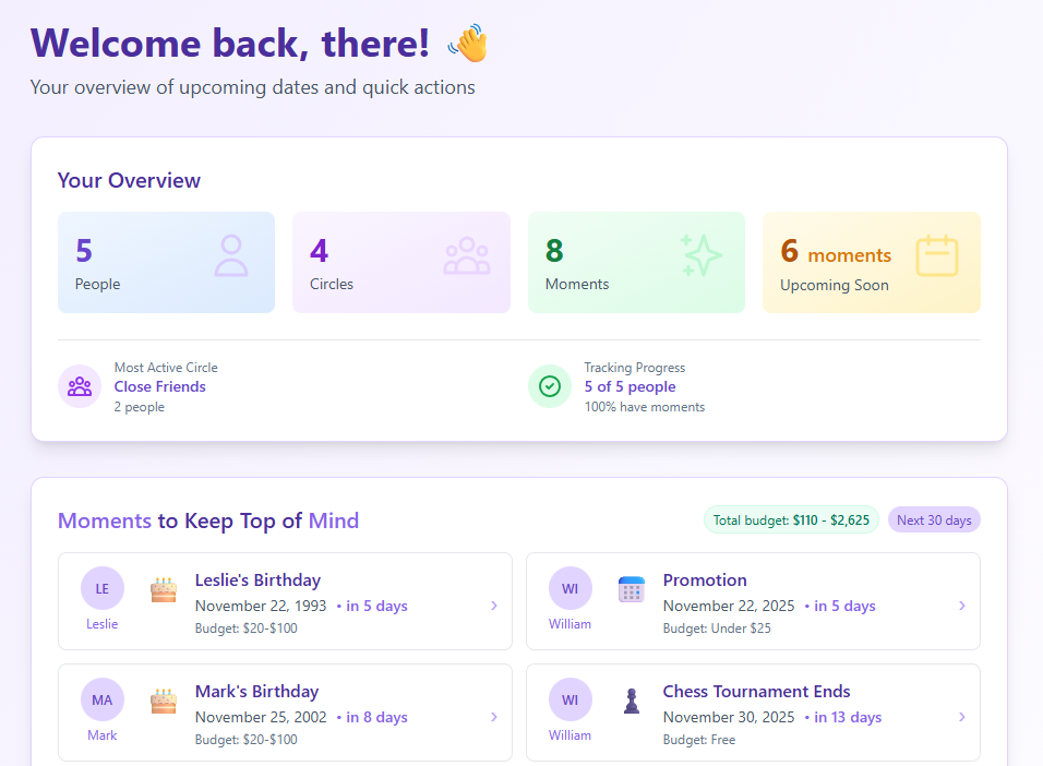 MomentMinders dashboard showing upcoming moments